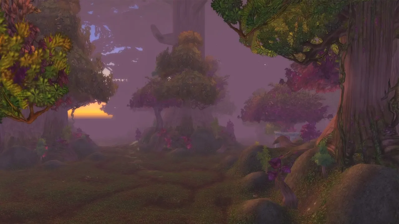A forest trail beneath purple trees in the updated Ashenvale preview