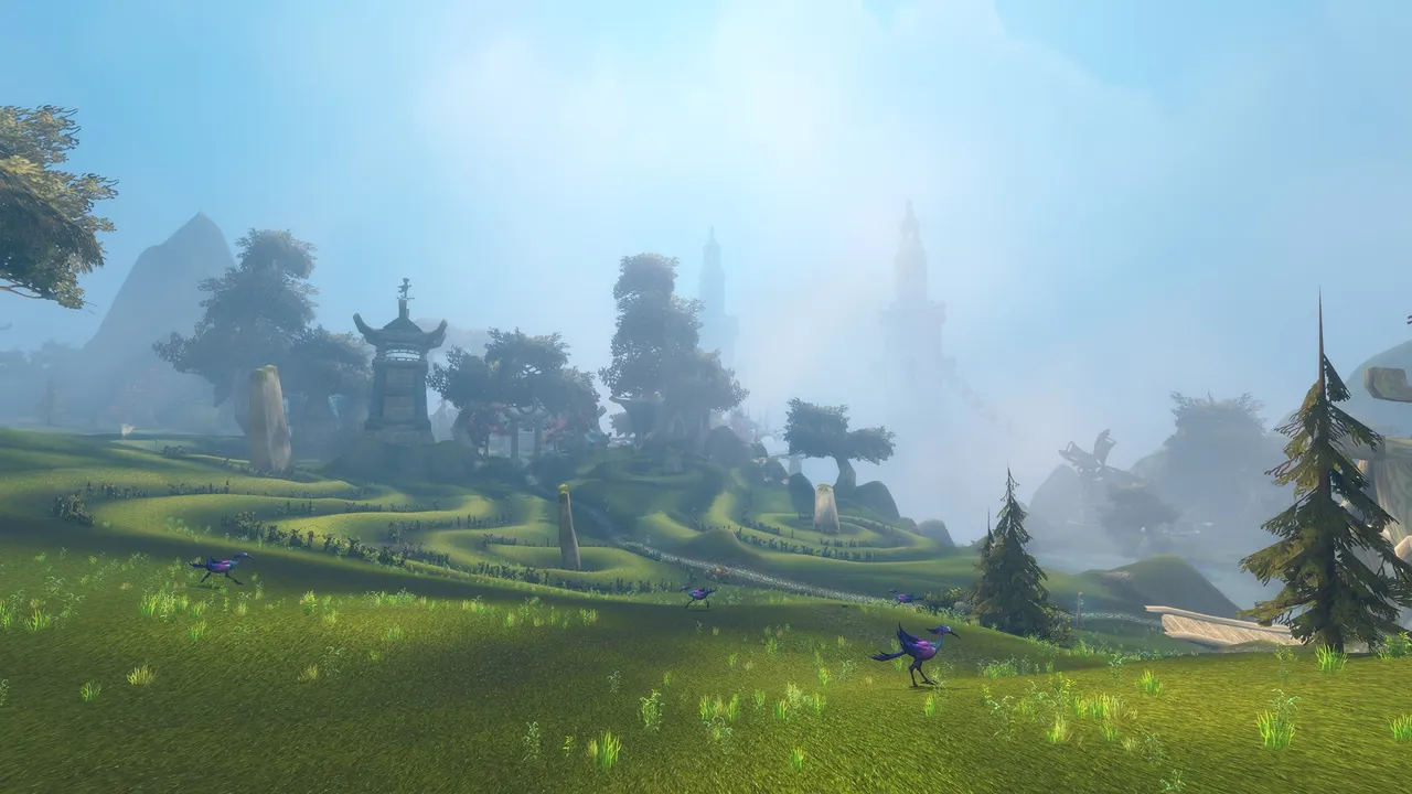 Green meadows and curved-roof buildings on Zephras Isle