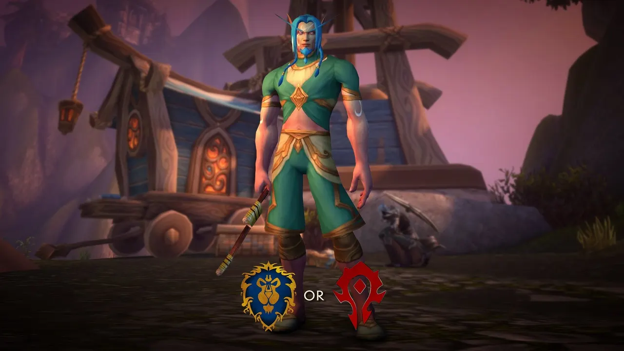 A blue-haired Skyborne character with Alliance and Horde emblems