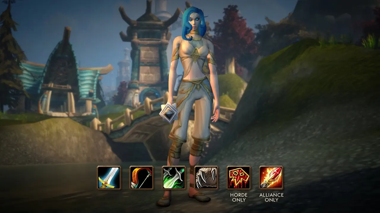 A Skyborne character above class icons, with Shaman marked Horde only and Mage Alliance only